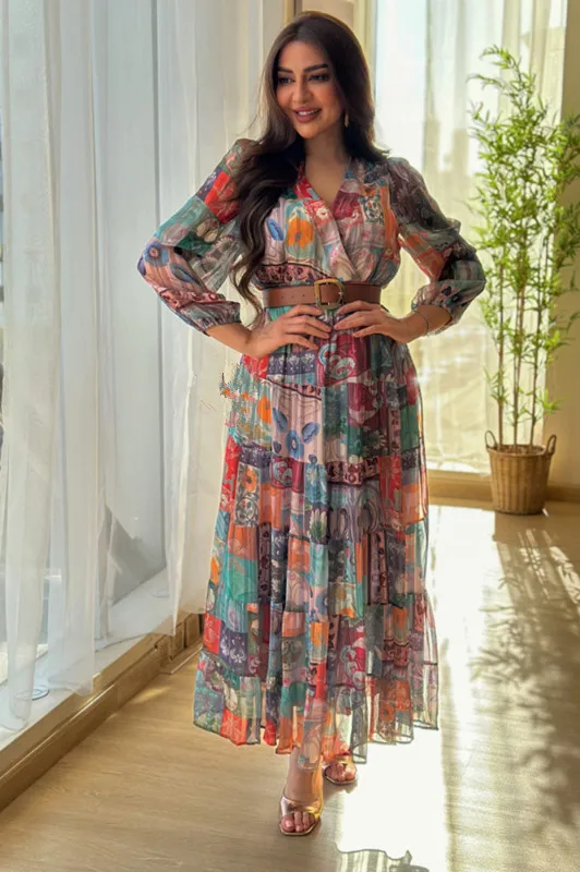 BKLD Long Sleeve V-Neck 2026 Spring Summer Clothes For Women Sexy Chiffon Printed A-Line Evening Dress With Belt Party Wear