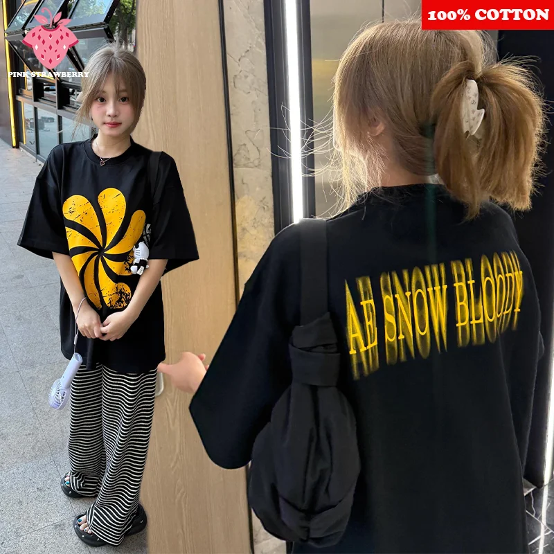 

American Street Print T-shirt Women Summer 2025 New 100% Cotton High quality Short sleeve Black T-shirt Y2k Tops Female clothing