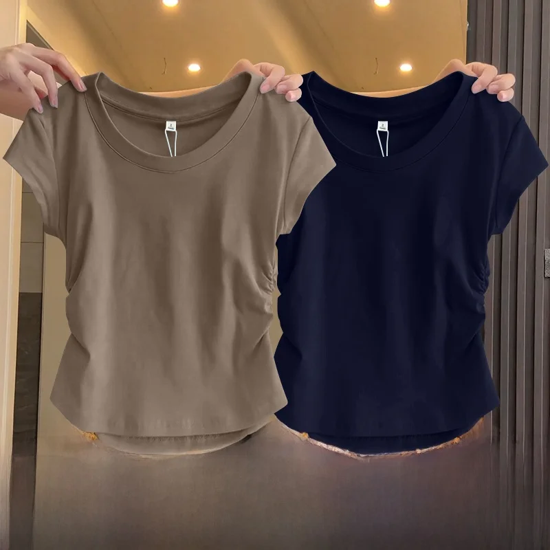 Summer ort Sve T-irt Women's New Sle Waist-Cinching Single-wear Tead Design Pure Color Body-flattering Versatile Top