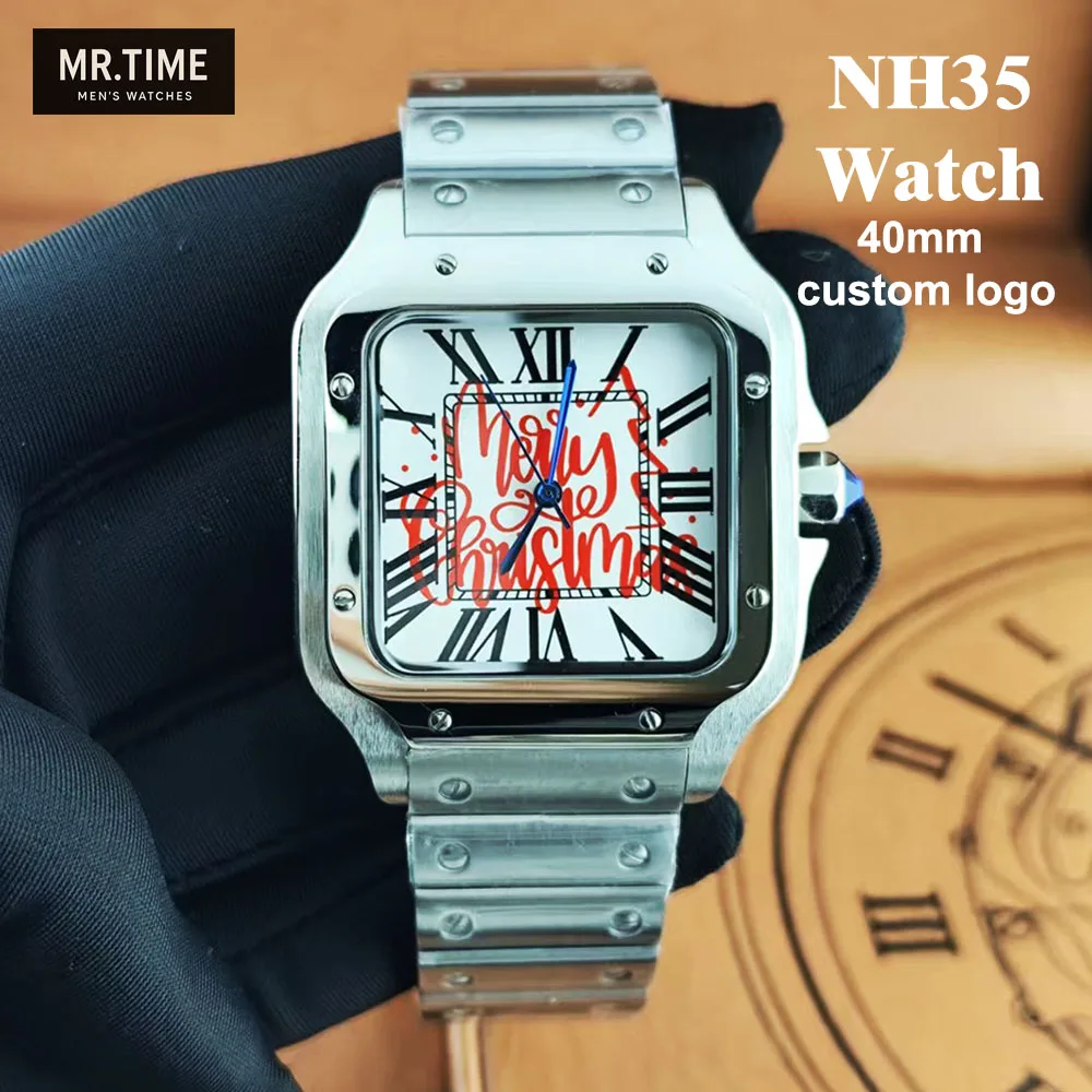 NUEVO Reloj NH35 Reloj de Acero Inoxidable para Hombre con Diseño Navideño de 38 mm, Logotipo Personalizado, Apto para Relojes con Movimiento NH35