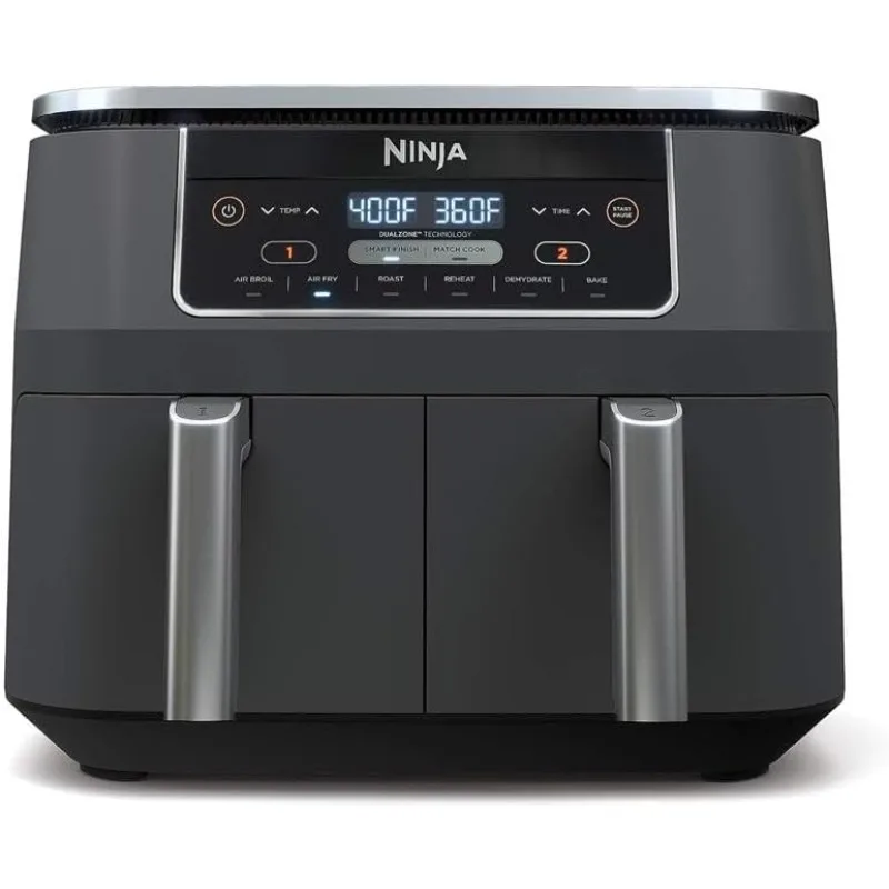 Ninja DZ201 Foodi 8 Quart 6-in-1 DualZone 2-Basket Air Fryer with 2 Independent Frying Baskets, Match Cook & Smart Finish, Grey