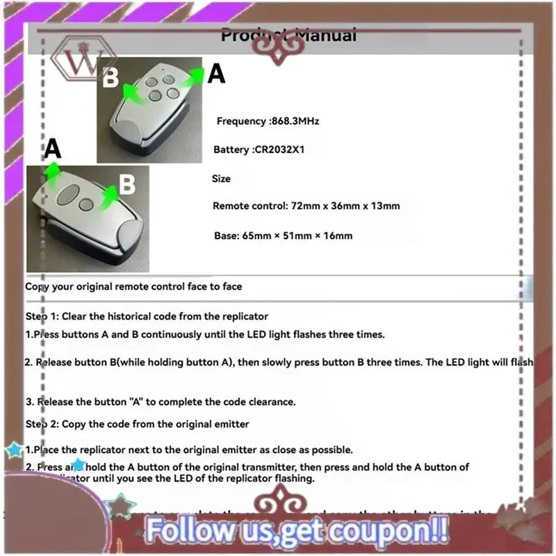 ABBG-Garage Door Opener Remote Control 868Mhz For Marantec Digital D302 D304 D313 D323- Copy Function Included B