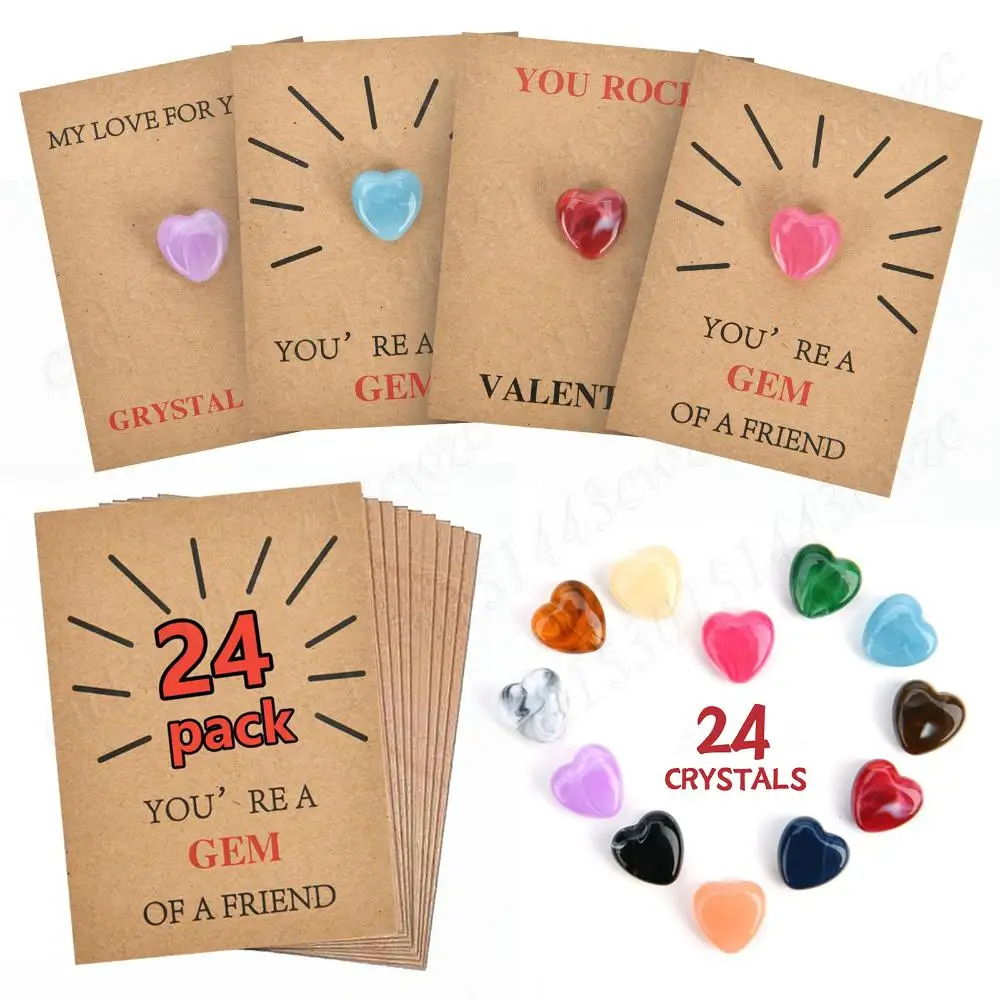 

24 Pcs Valentines Gift Cards with Heart-Shape Crystal Gems Valentine Exchange Card for Boys & Girls Classroom School Party Favor