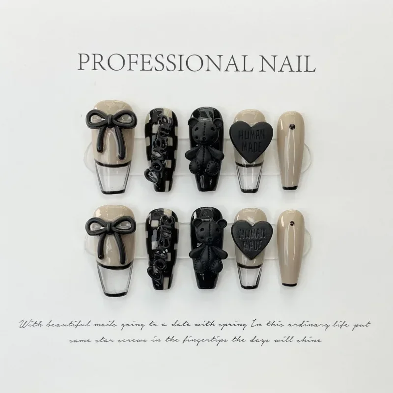 10Pcs/set Handcrafted Press-On Nails Black French False Nails Teddy Bear stick on Heart Glossy Long Ballet Sweet Y2K Nail Tips