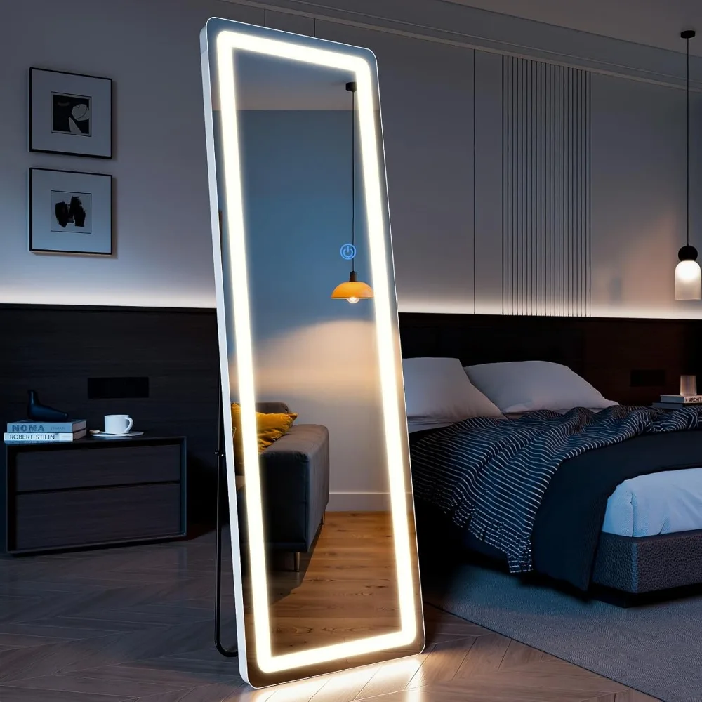 LED Full Length Floor Mirror 63x20 with Rounded Corners, Dimmable 3-Color Lights, Stand-in Full Body Mirror