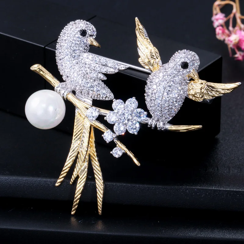 ThreeGraces Shiny Cubic Zirconia Simulated Pearl Animal Bird Shape Brooches for Women Luxury Evening Party Jewelry XZ025 image 6