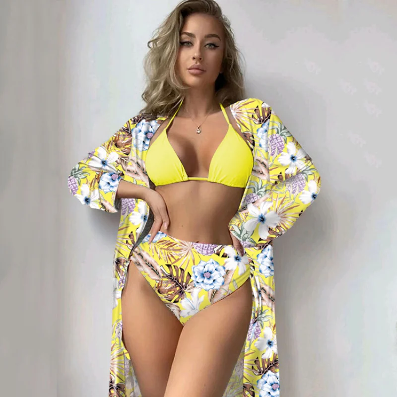 New Bikini Three-Piece Set Swimsuit High-Waisted Printed Long-Sleeve Cover-Up Bikini