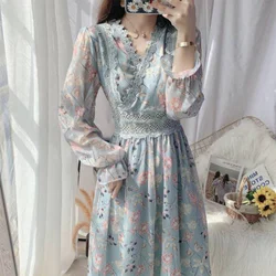 Autumn Fashion New Long Sleeved Lace Printed Chiffon Dress V-neck Waistband Patchwork Ruffles Shirring Slim Elegant Long Dresses