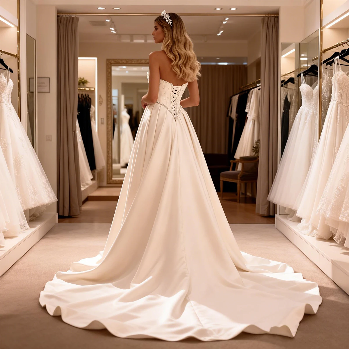 فستان زفاف رومانسي من الساتان واللؤلؤ على شكل قلب للنساء بدون حمالات لحفلات الزفاف الطويلة بدون ظهر #3