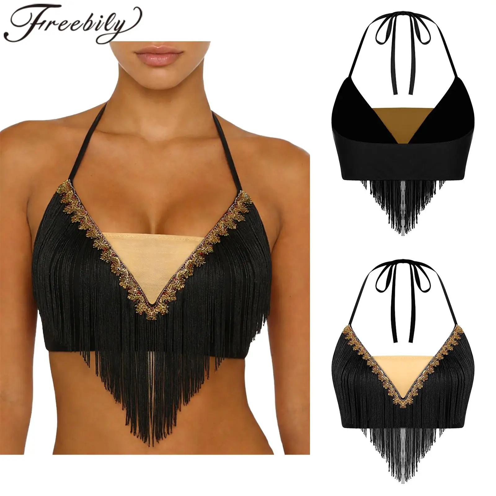 Costume de danse du ventre pour femmes, haut court, festival de musique de danse du ventre, hauts de fête, tenue de rave, haut à franges à bretelles, bordure dorée