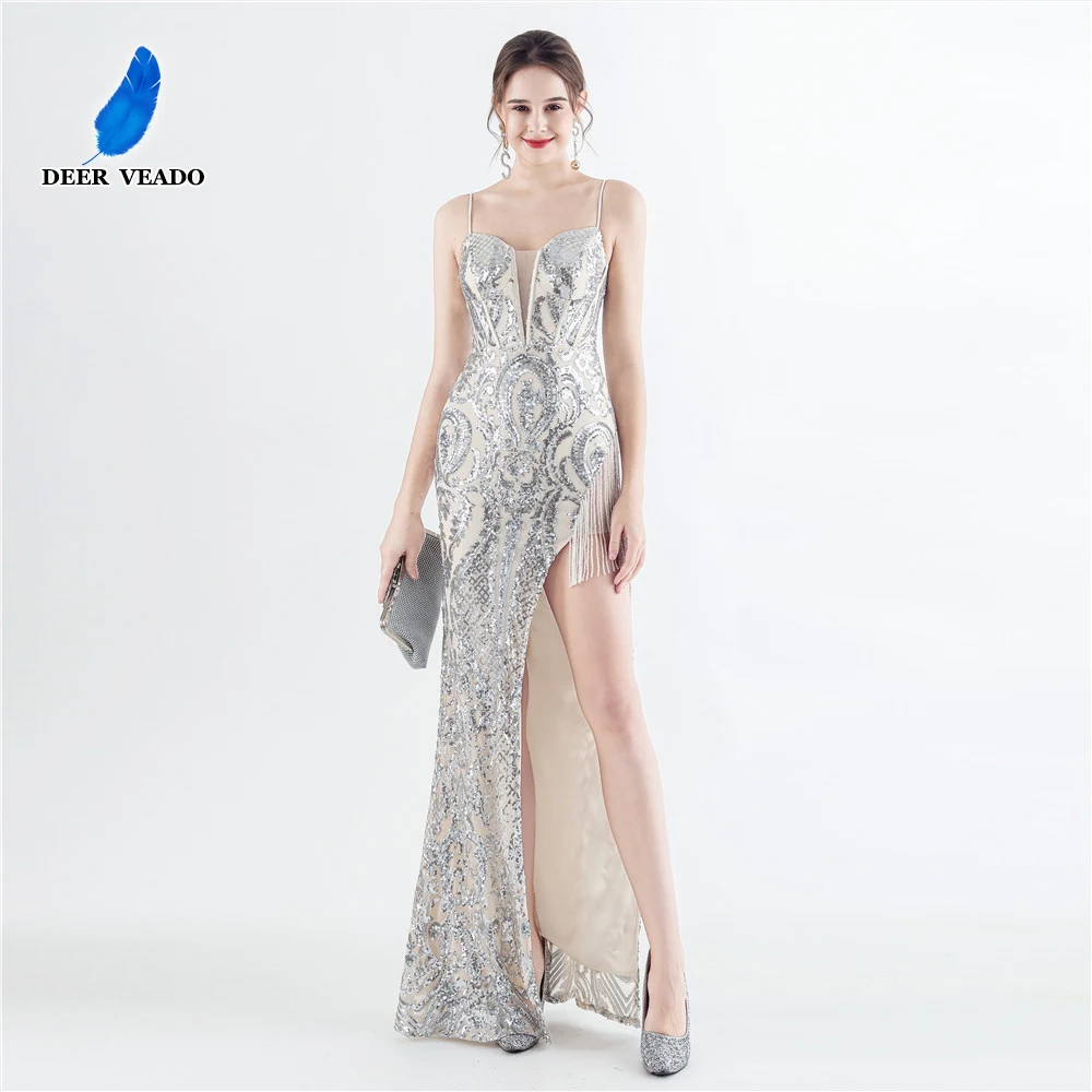 DEERVEADO Sexy Strap Slit Sparkle Formal Dress Evening Party Dresses Long with Beads Women's Special Occasion Dress