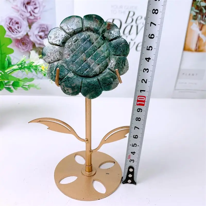 1PCS Natural Moss Agate Sunflower Carving Hand Polished Reiki Healing Crystal for Room Office Decoration Gift