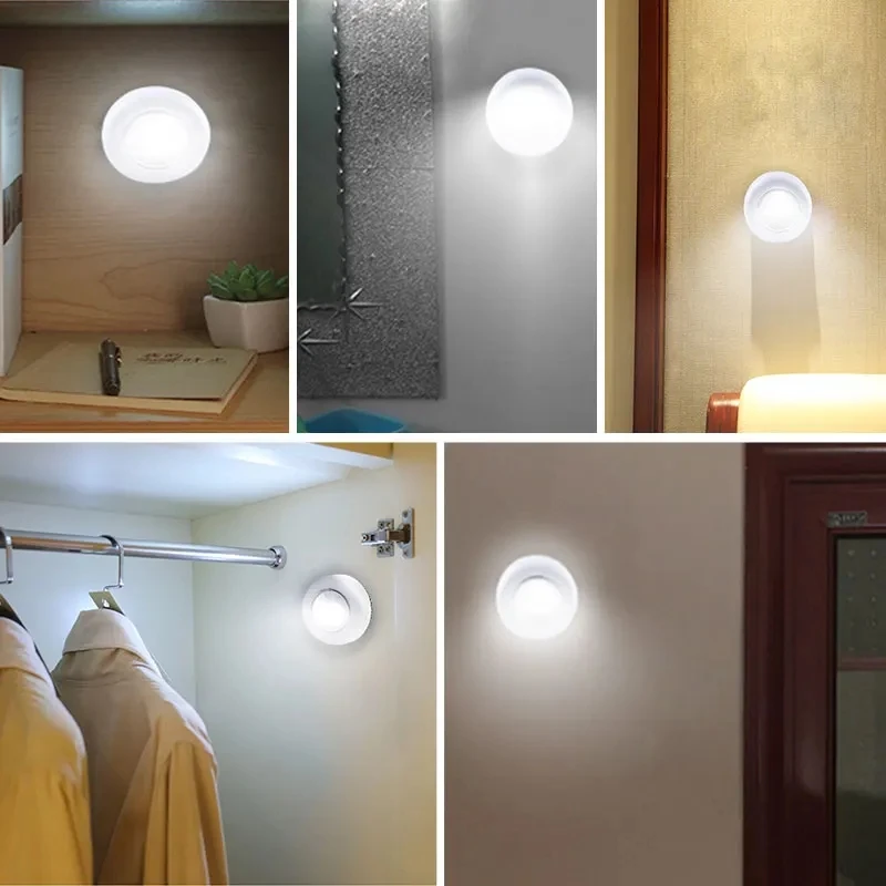 COB Round LED Under Cabinet Light Push Press Switch Wall Lamp Cupboard Wardrobe Closet Kitchen Light Sticky DIY Night Light