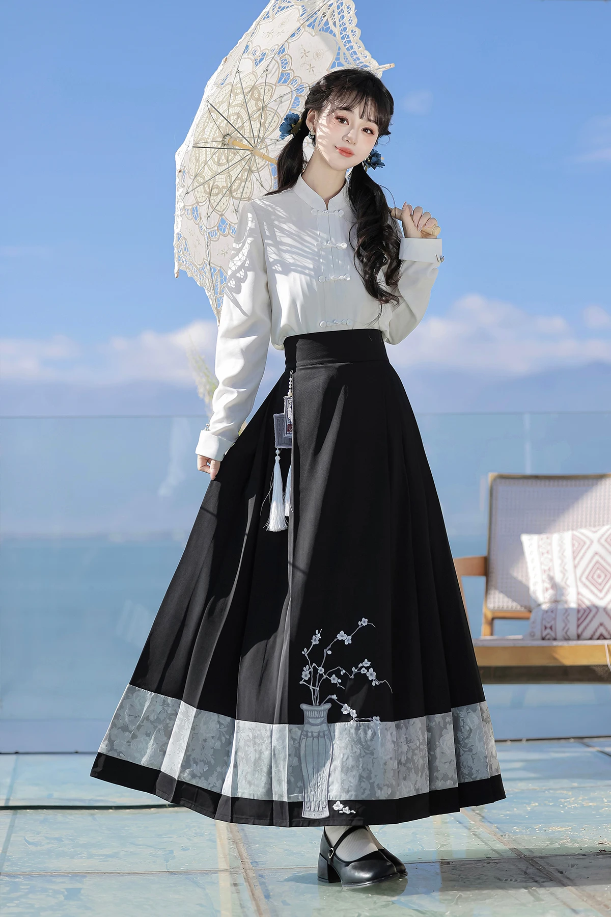 New Chinese Style Half Skirt Sets Women Night Rain Scholarly Han Element Long Sleeve Top Half Skirt Shawl Set Three-Piece Set