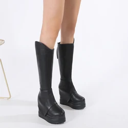 Gdgydh Women's Solid Color Platform Boots Fashion Back Zipper Plush Lined Stylish Knee High Boots for Women Round Toe