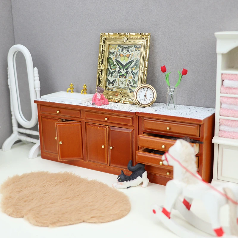 1:12 Dollhouse Miniature Cupboard Sink Chest Of Drawer Bookshelf Wardrobe Model Storage Cabinet Furniture Doll House Accessories