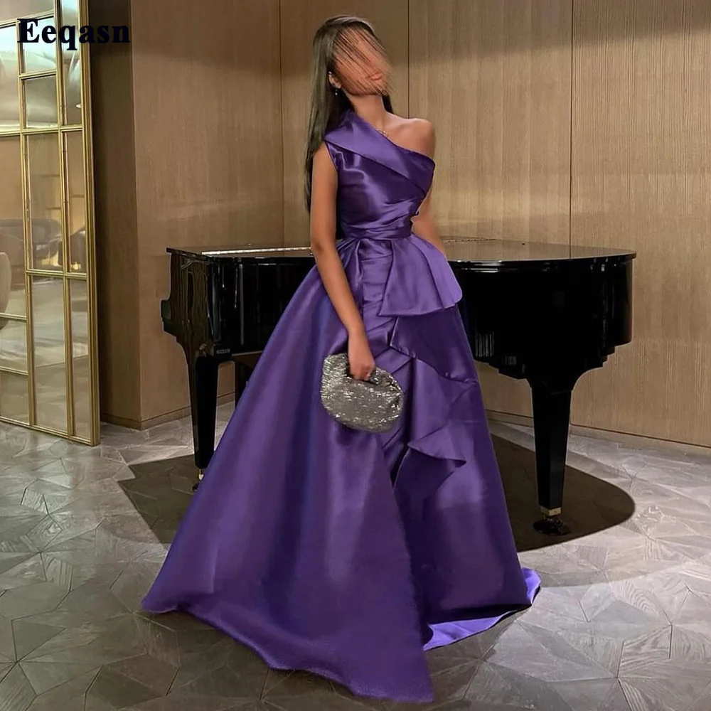 Eeqasn roxo uma linha de cetim vestidos de baile saudita árabe fenda um ombro plissados simples vestidos de noite feminino formal vestido de ocasião