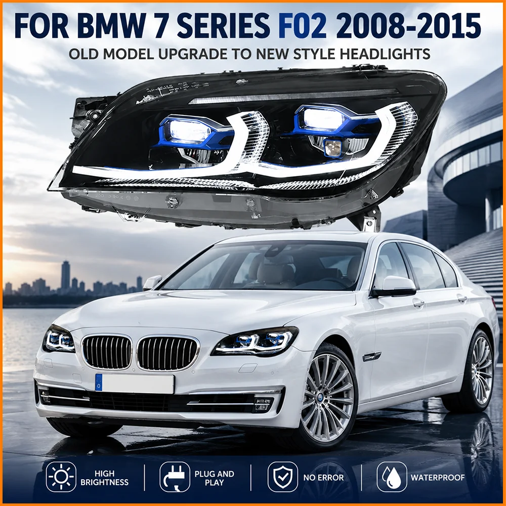 For BMW 7 Series F01 F02 2008-2015 Thunder Style Gold Eyes Laser Frame Full LED Front Headlight Upgrade Replacement With DRL