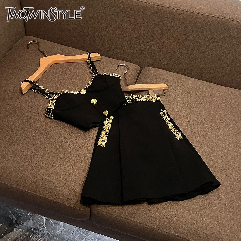 TWOTWINSTYLE Sexy Luxury Solid Two Piece Sets For Women Square Collar Sleeveless Top High Waist Skirt Chic Set Female KSE553540