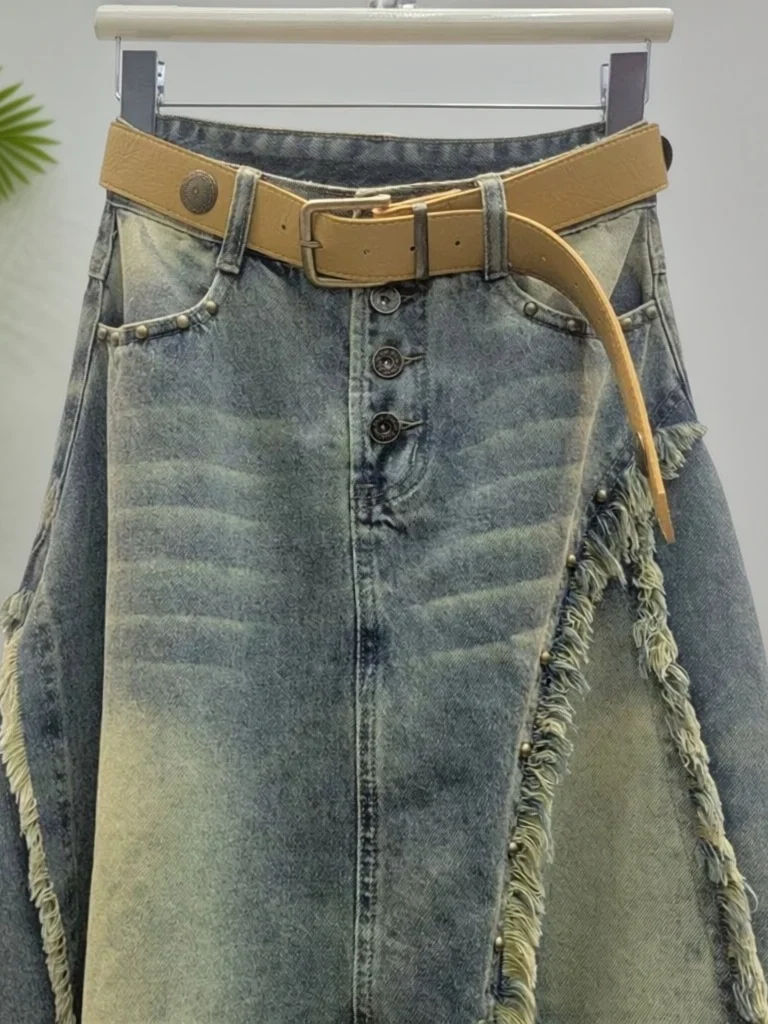

Retro Long Tassel Hem High Waist Slimming Denim Skirt Women's Mid-Length Half Skirt Casual Style Faded Effect Jeans