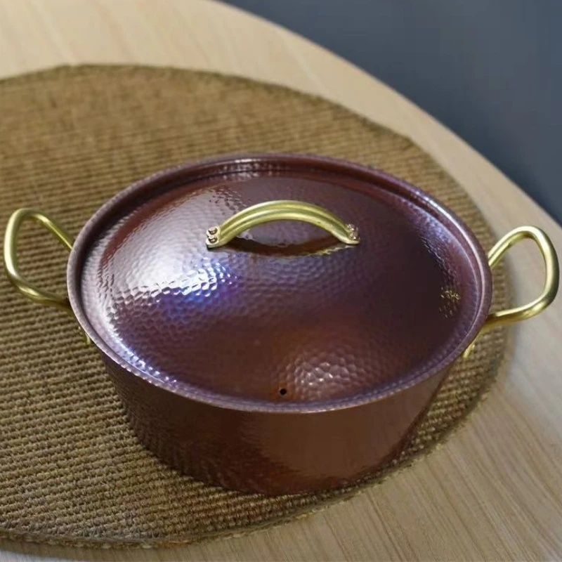 Handcrafted Vintage Copper Pot,Camping Thickened Pot With lid Cooking Utensil Simmering Pasta Stewing,24.5 cm Hammer Texture Pot view 5