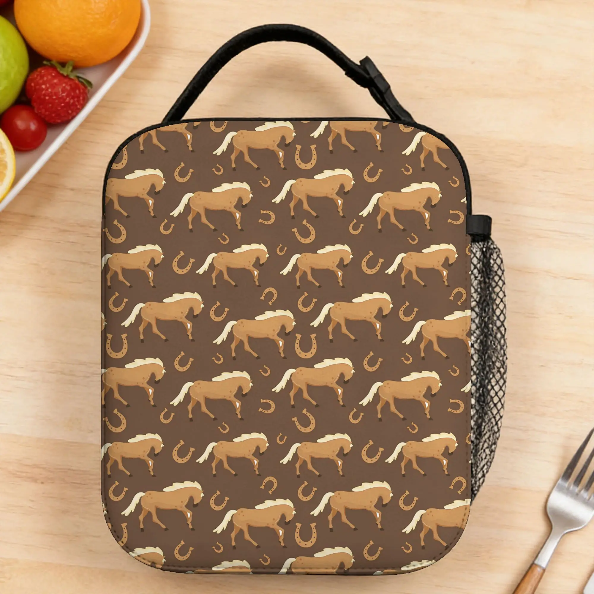 Lunch Bag Horse Print Travel Lunch Box For Men  Casual Portable Zipper Print Cooler Bag