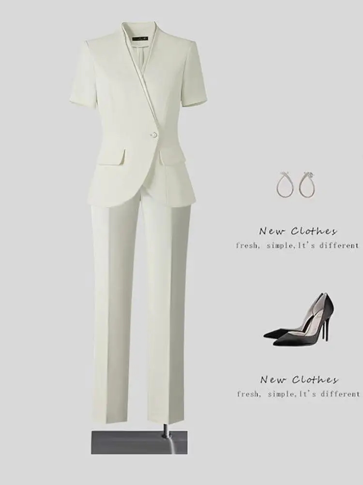 

Summer Women Workwear Suit Solid V Neck Short Sleeved Single Button Blazer Tops And High Waist Ankle-length Pant Two-piece Sets