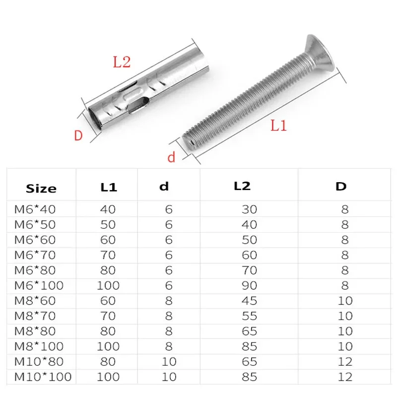 M6 M8 Hex Socket/Phillips Flat Head Built-in Expansion Screws 304 Stainless Steel Concrete Anchor Bolt