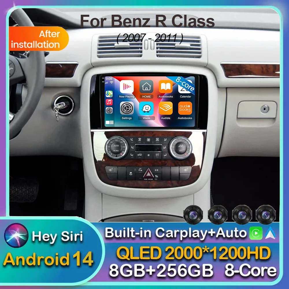 Android 14 QLED Car Radio Carplay Multimedia GPS Player BT For Mercedes Benz R Class R300 R350 R280 R320 R500 W251 2007 - 2011