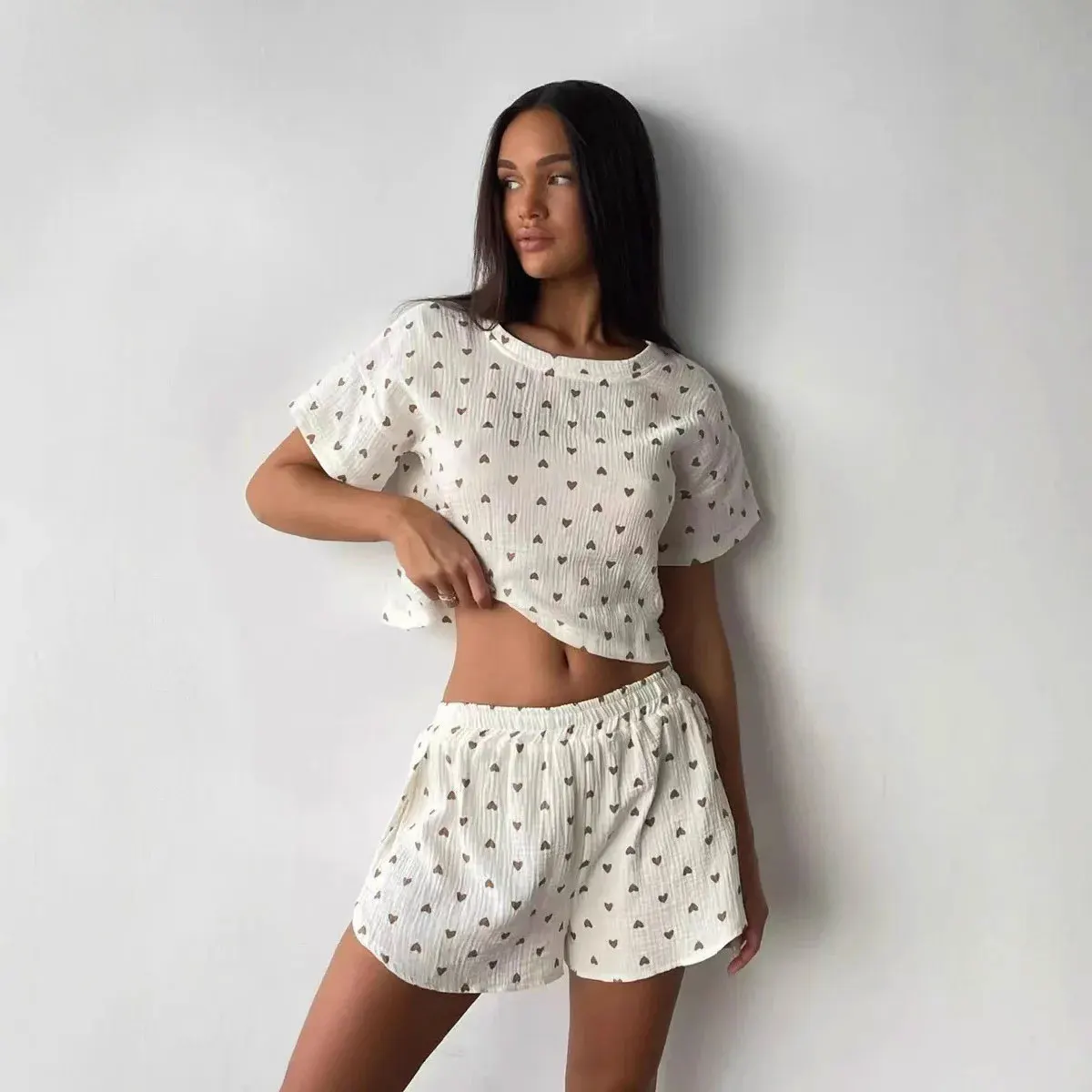 

New Women's Home Clothes Pajamas Love Printed Soft and Comfortable Cotton Shorts Casual Loose Open Umbilical T-shirt Hot Selling