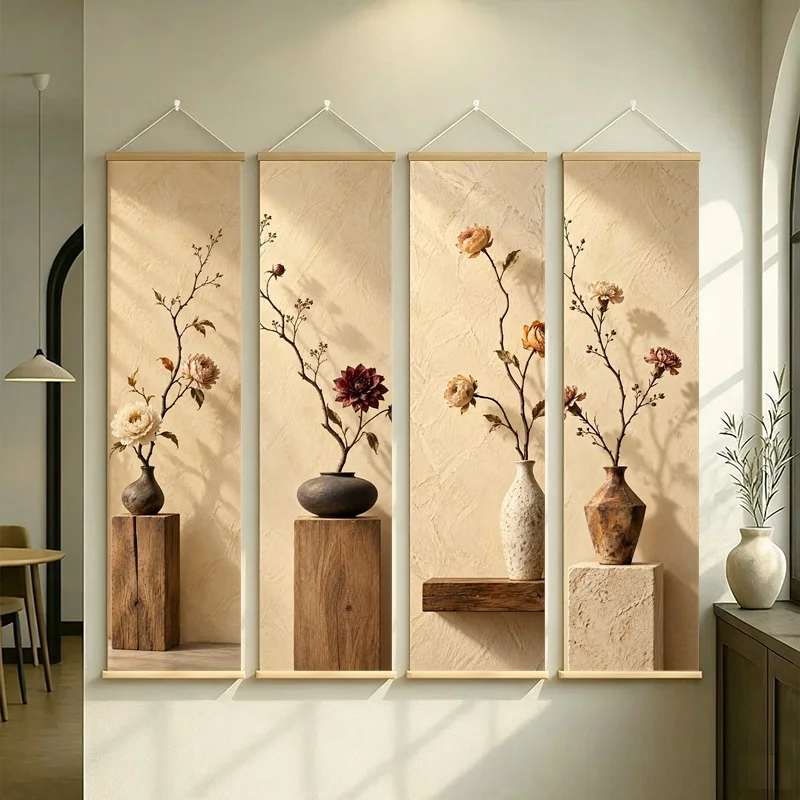 Wall Art Preserved Dahlia and Preserved Carnation, Calm Wabi-Sabi Silver Shimmer Canvas Hanging Scroll for Boutique Hotel
