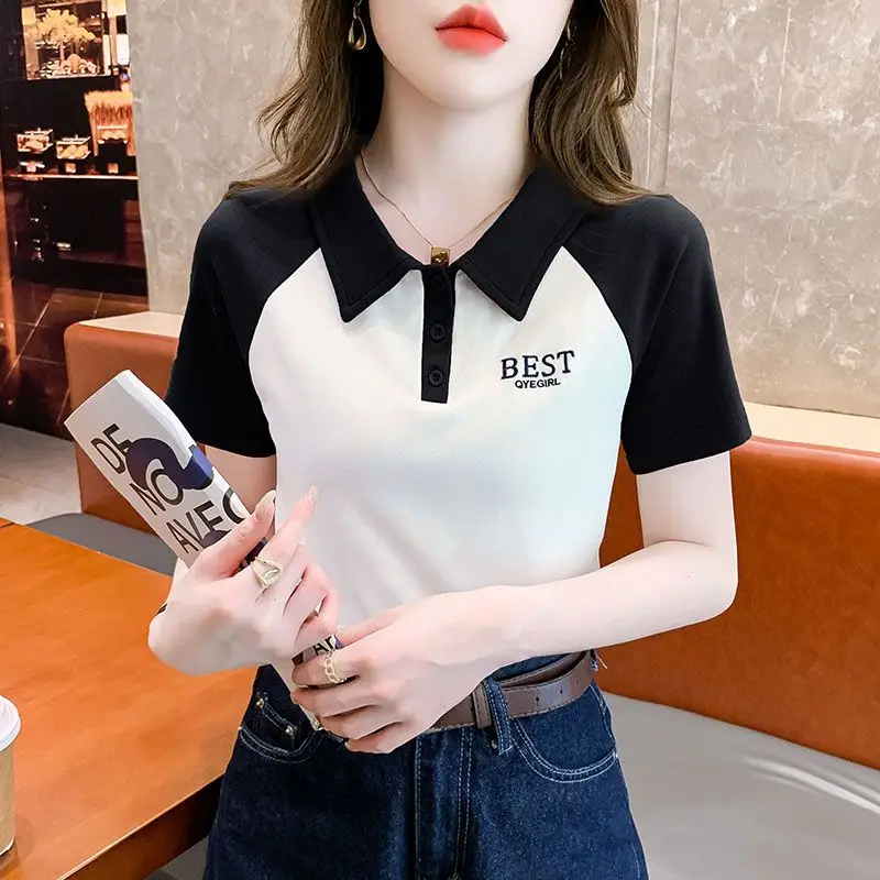 Woman T Shirt Baggy Graphic Polo Neck Women Button Embroidery Offer Aesthetic Hot Korean Popular Clothes Polyester Luxury Youth