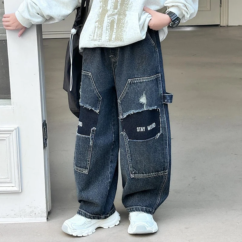 New Kids Designer Distressed Denim Pants Children Baggy Patchwork Parachute Jeans for Teenage Boy Age 5 6 7 8 9 10 11 12 13 14 Y