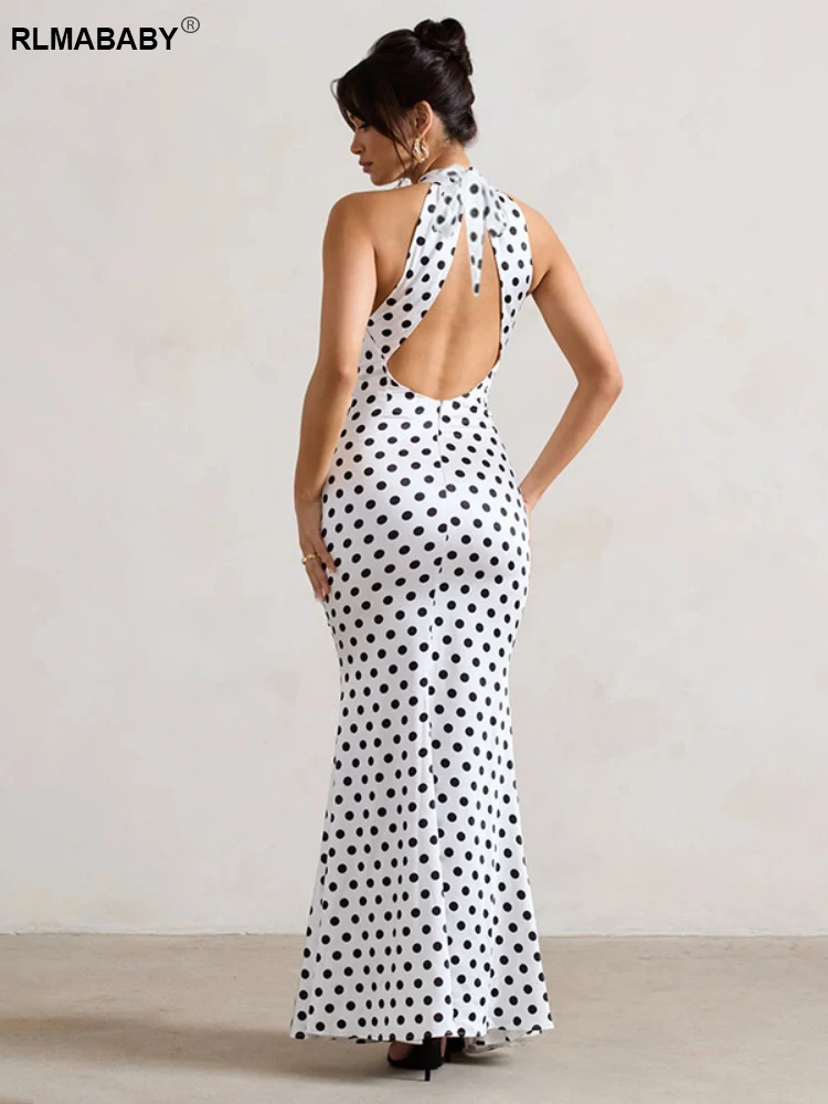 RLMABABY Elegante Polka Dot Backless Vrouwen Bodycon Maxi Jurk Sexy Halter Uitgesneden Mouwloze Party Hotti Meisje Lange Slanke Jurk