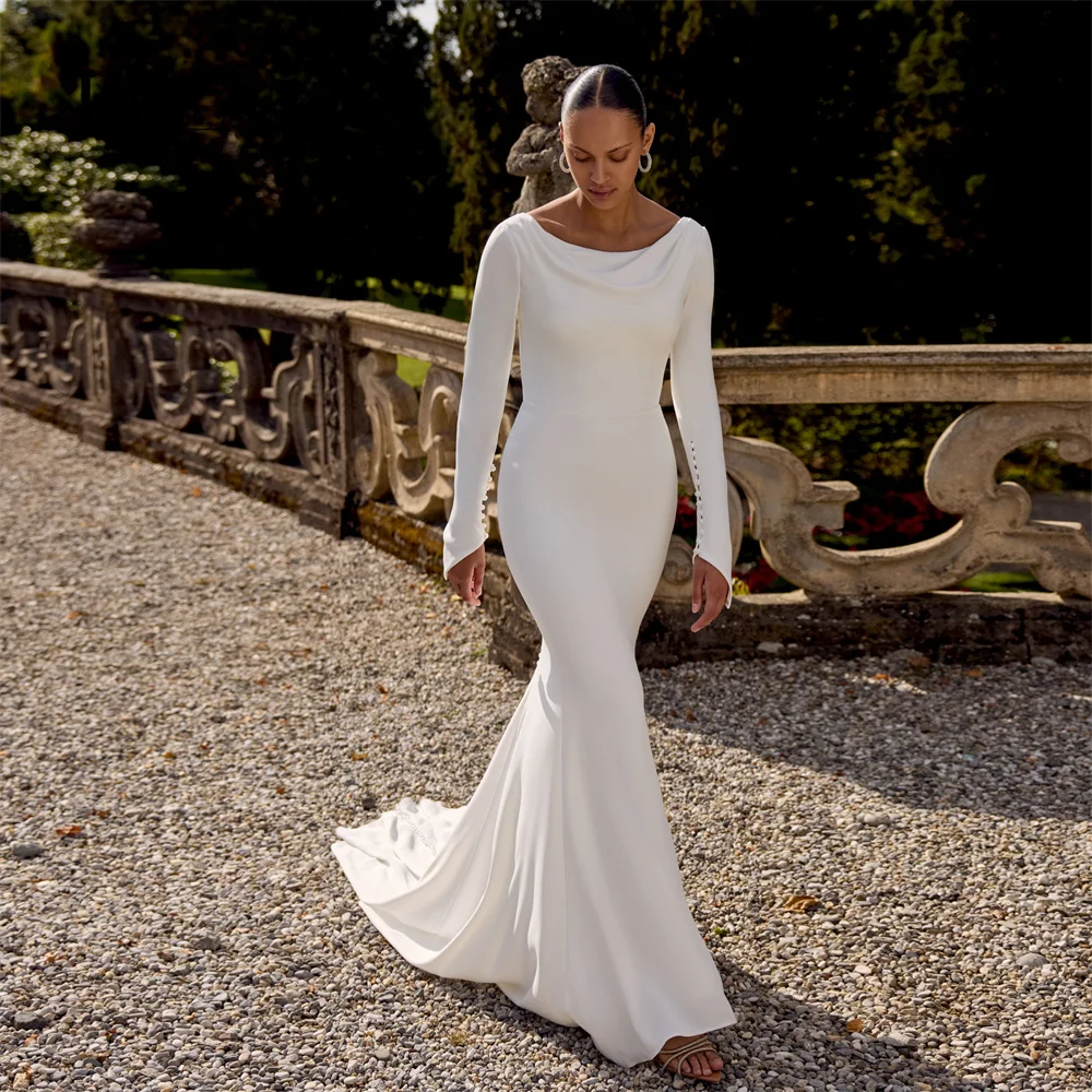 DREAM Simple Long Sleeve Mermaid Wedding Dress Women Boat-Neck Pleat Open Back Buttons Sweep Train Vestidos De Noiva Customized