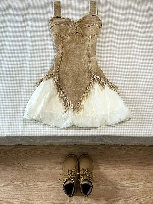 

Hot Girls Korean Fashion Skirt Set Irregular Sleeveless Denim Tops High Waist Slim Y2k Mini Dress American Style Retro Suit Chic