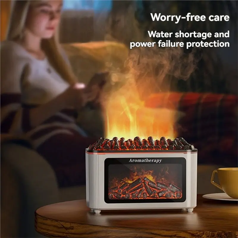 A74G-Diffuser Fireplace Flame Humidifier Desktop Simulated Wood Flame Colorful Ambient Lights Aroma Diffuser