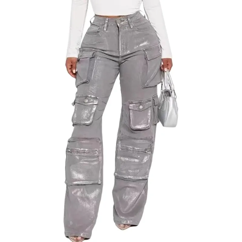 Y2K Metallic Gilding Silver Denim Cargo Pants Women Fashion Button Fly High Waist Multi Pockets Loose Straight Jeans Trousers