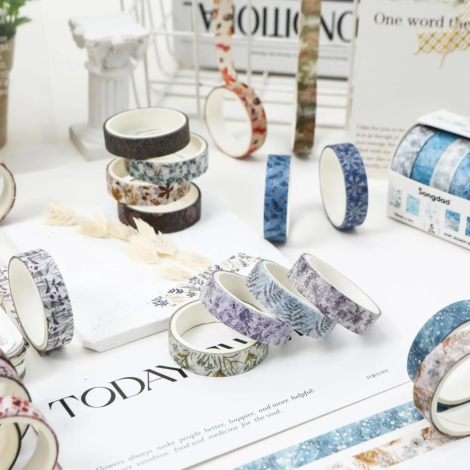 5롤/세트 겨울 산 시리즈 꽃 무늬 와시 테이프 계절 꽃잎 장식용 눈 마스킹 테이프 예술 DIY A7910