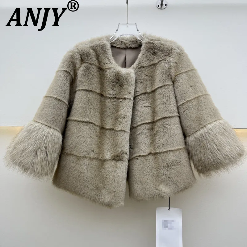 

ANJY Winter New Women Elegant Fashion Faux Fur Coats High Street O-Neck Design High Sense Luxury Versatile Casual Jackets A18016
