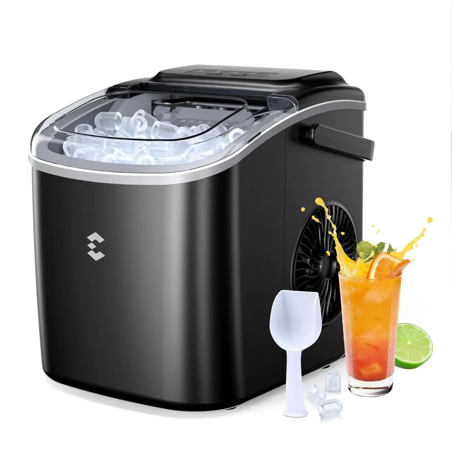 Self-Cleaning Bullet Ice Maker com saco e cesta, 9 cubos em 6 minutos, 26lbs em 24Hrs, Ice Scoop, máquina, bancada