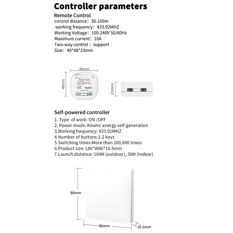 1Set telecomando Wireless senza batteria interruttore luce impermeabile autoalimentato, ricevitore 2 x1gang 1