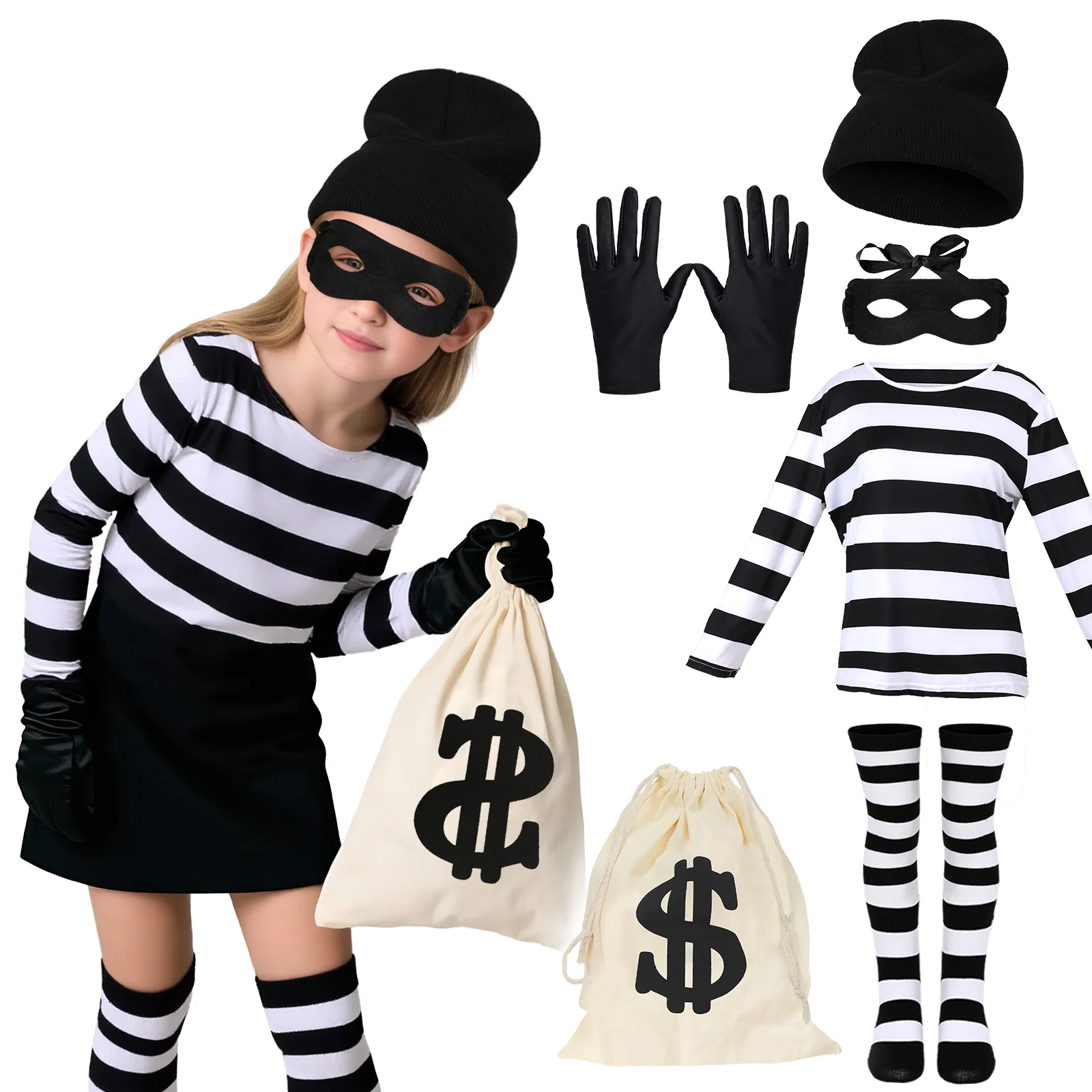 

Boys Girls Robber Costume Girls Thief Accessories Jail Prisoner Costume Striped Top Sock Halloween Outfit Cosplay Props