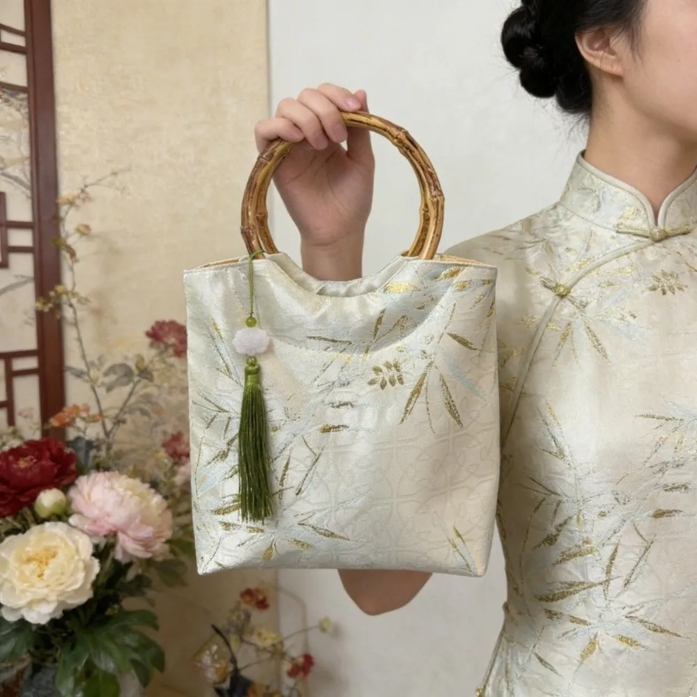 Retro Imitation Bamboo Node New Chinese Style Handbag Bamboo Leaf Printed Hanfu Bucket Bag Cloth Large Capacity Tote Bag Girls