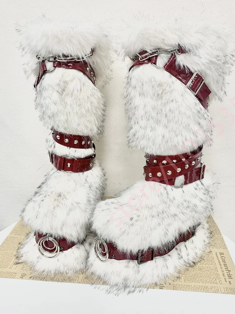 2026 Furry Knee High Snow Boots Rivet Straps Spider Ornament Long Boots Gothic Punk Winter Warm Halloween Cosplay Platform Boots