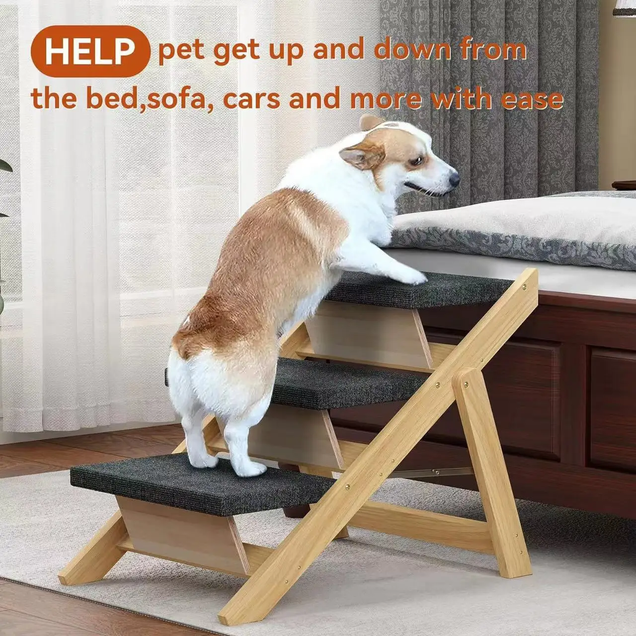 

Solid Wood Dog Pet Ramp for Elderly Dogs Foldable Steps Slip-Resistant Sofa Ramp for Large Dogs