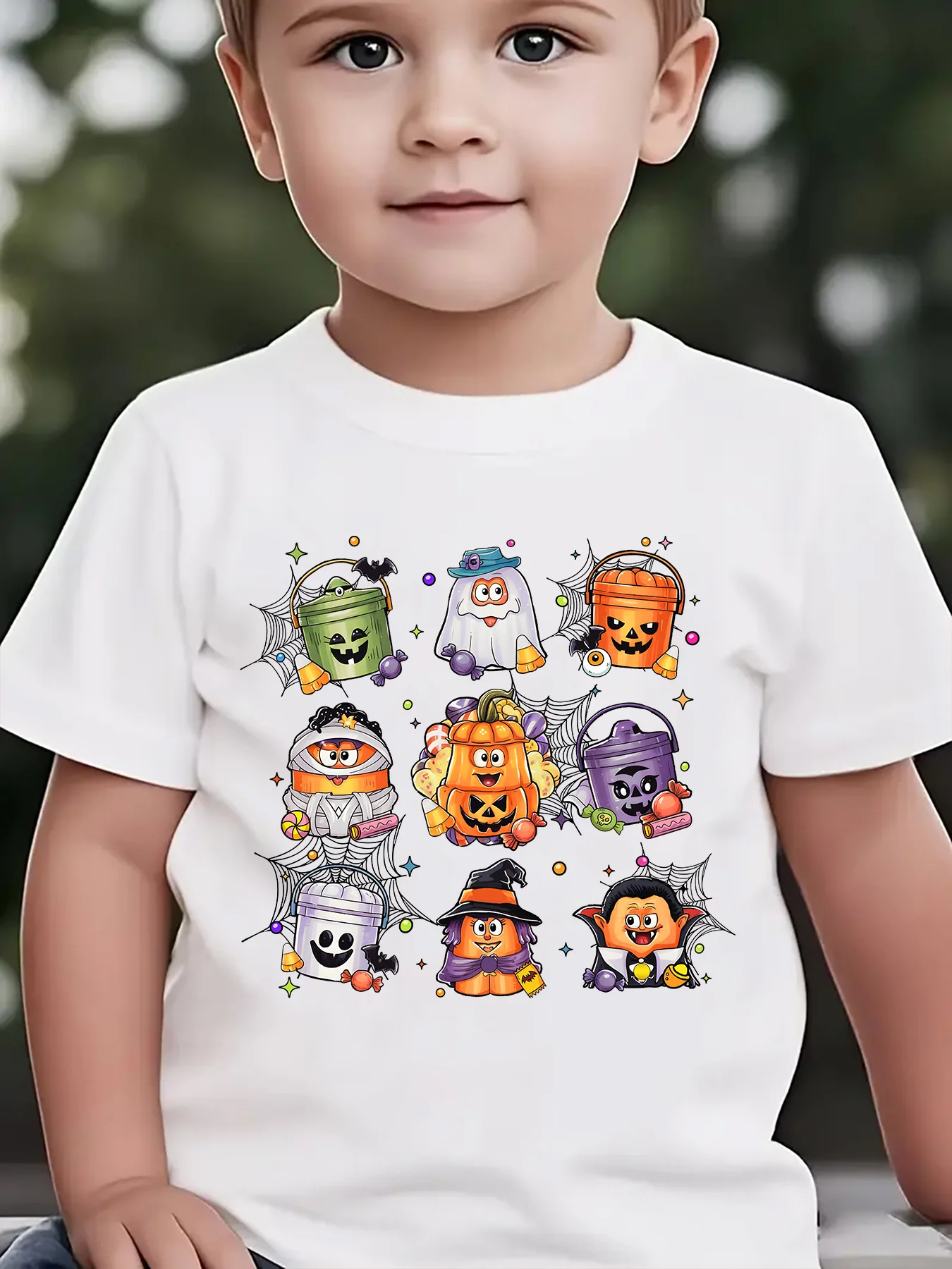 Halloween Summer Fashion Children's T-shirt Pumpkin Spider Web Vampire Candy Element Printed Outdoor Casual Parent Child Top