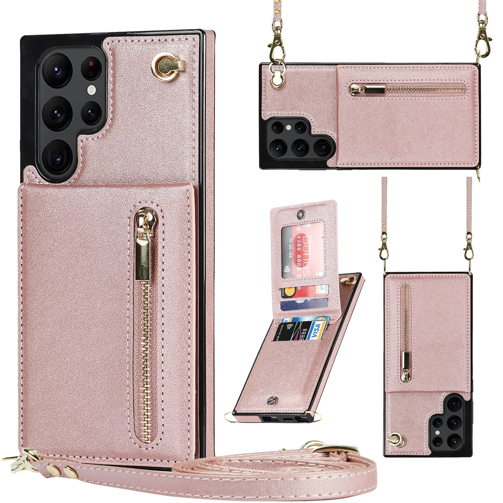 Zipper Wallet Case for Samsung Galaxy S23 S22 Ultra S24 S21 FE Plus Note 20 Card Holder Lanyard Strap Crossbody Leather Cover