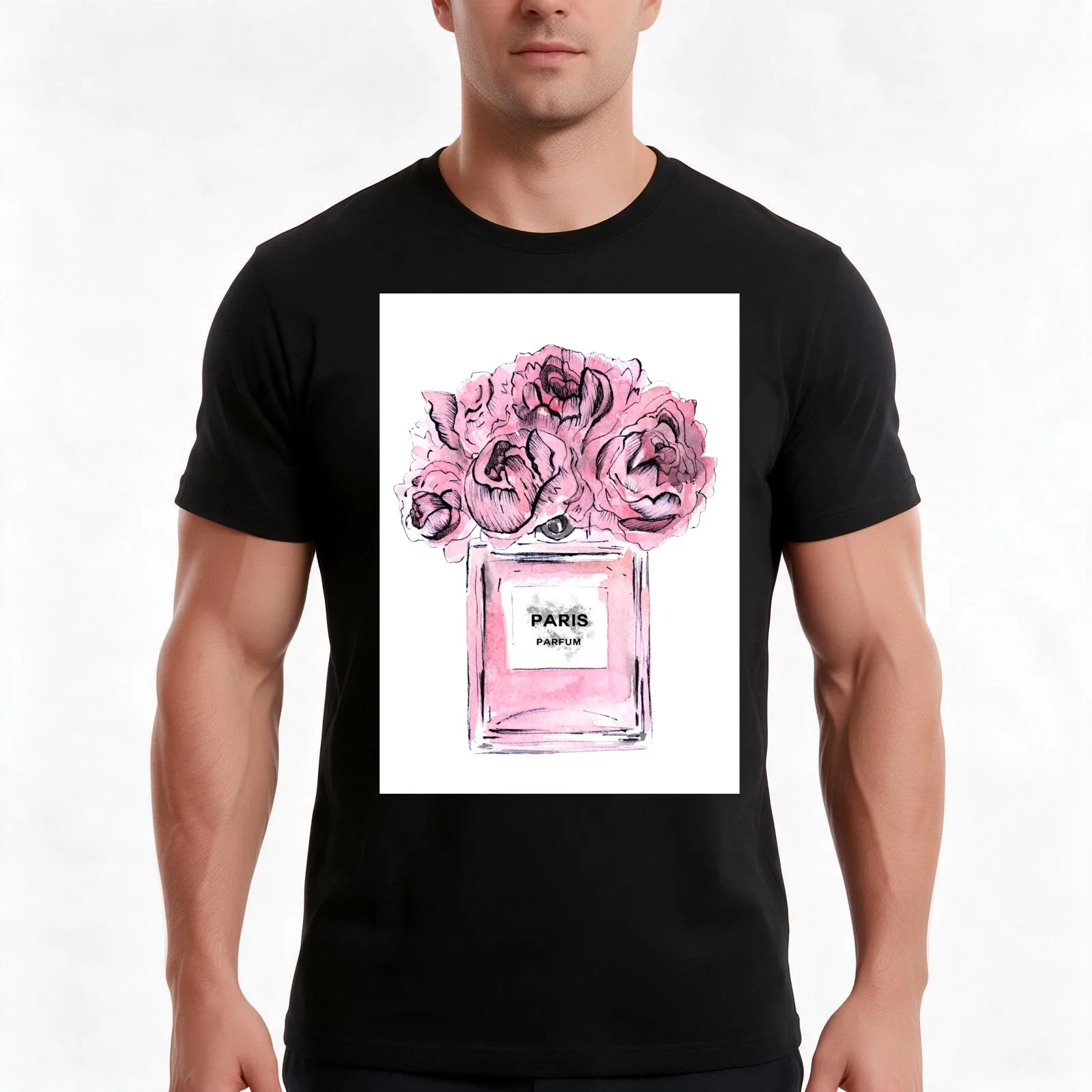 Perfume Bottle Watercolor Painting Hand Drawn With Pink Flowers T-Shirt Summer Casual Cotton Tee Oversized Streetwear Tops