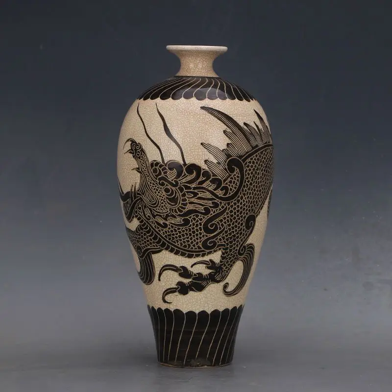 Cizhou Kiln Cream Crackle Glaze Black Painted Phoenix Meiping Vase Vintage Chinese Antique Ceramic Decor Bottle